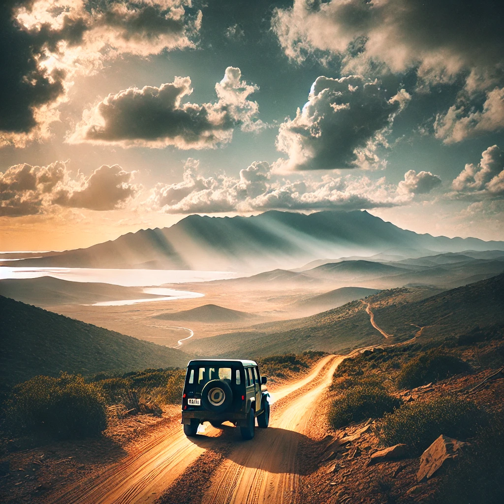 DALL·E 2025-02-02 09.27.55 - Un 4x4 tout-terrain roulant sur une piste sauvage à Tipaza, Algérie. En arrière-plan, on aperçoit les montagnes du Chenoua et la mer Méditerranée sous